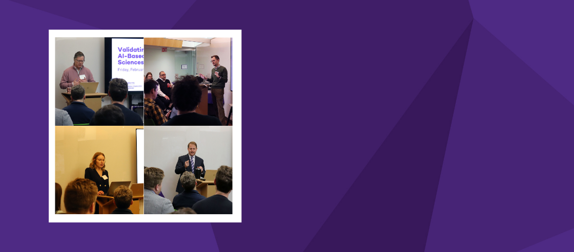 banner with a four photos of people speaking in front of a white wall